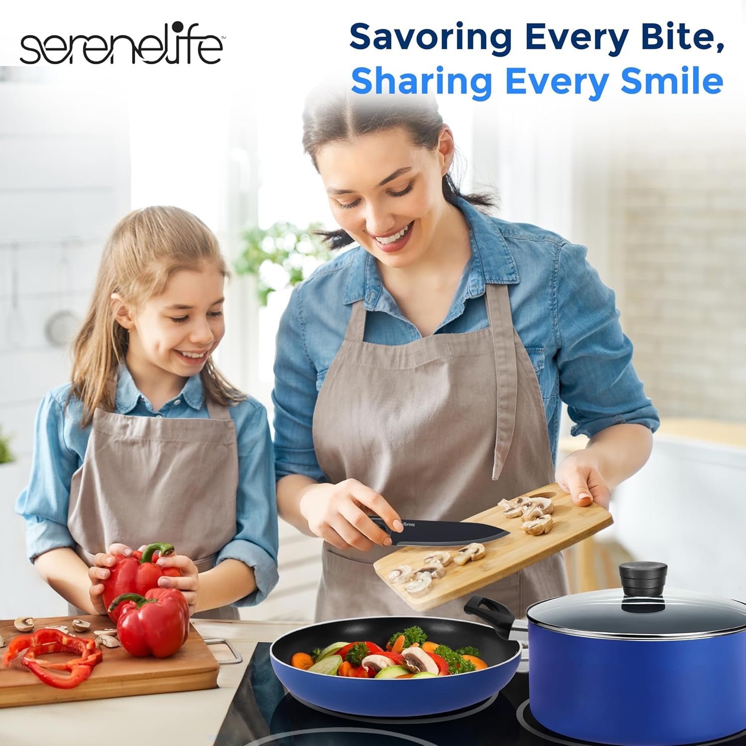 20-Piece Blue Cookware Set with Knives - Includes Multi-Sized Pots and Pans Set Non Stick with Lids and Utensils, Heat Resistant, Dishwasher Safe