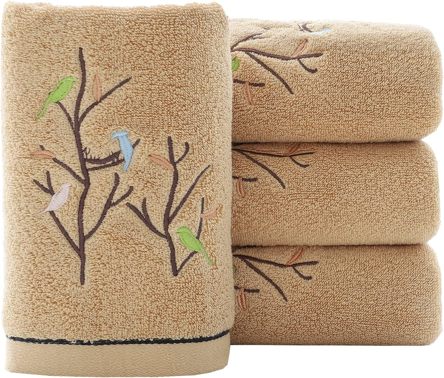 Hand Towels Set of 4 Embroidered Bird Tree Pattern 100% Cotton Absorbent Soft Decorative Towel for Bathroom (Brown)