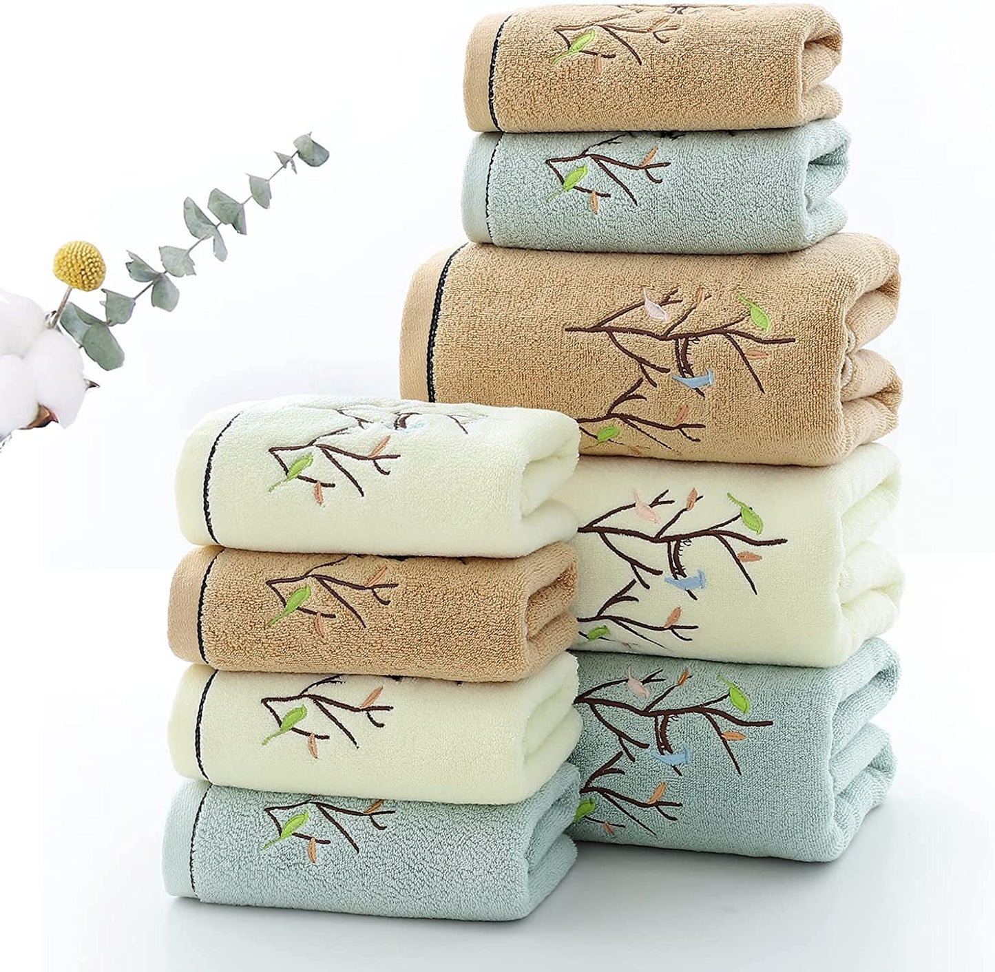 Hand Towels Set of 4 Embroidered Bird Tree Pattern 100% Cotton Absorbent Soft Decorative Towel for Bathroom (Brown)