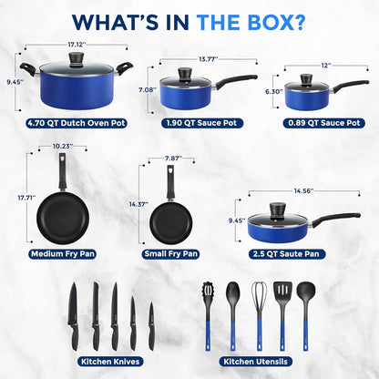 20-Piece Blue Cookware Set with Knives - Includes Multi-Sized Pots and Pans Set Non Stick with Lids and Utensils, Heat Resistant, Dishwasher Safe