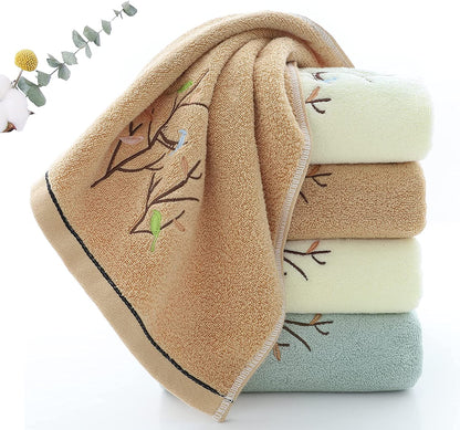 Hand Towels Set of 4 Embroidered Bird Tree Pattern 100% Cotton Absorbent Soft Decorative Towel for Bathroom (Brown)