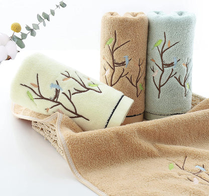 Hand Towels Set of 4 Embroidered Bird Tree Pattern 100% Cotton Absorbent Soft Decorative Towel for Bathroom (Brown)