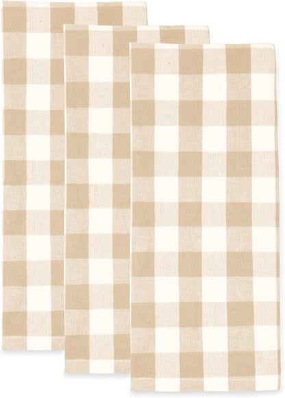 Beige & Cream Farmhouse Cotton Plaid Dish Towels - Set of 3, 18X28