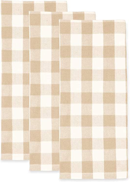 Beige & Cream Farmhouse Cotton Plaid Dish Towels - Set of 3, 18X28