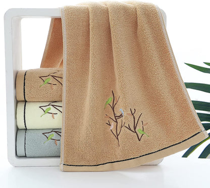 Hand Towels Set of 4 Embroidered Bird Tree Pattern 100% Cotton Absorbent Soft Decorative Towel for Bathroom (Brown)