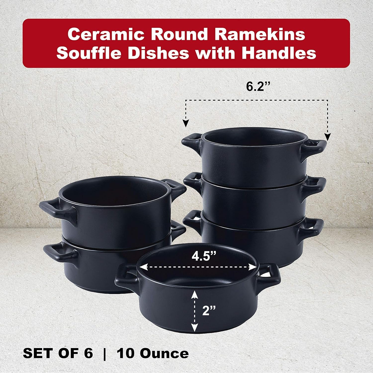 Ceramic Ramekin Set of 6 Serving Plates. 10 Oz Porcelain Baking Skillet for Souffle Dishes with Handles. Safe for Oven, Microwave, Dishwasher. Serving Dish, Matte Black